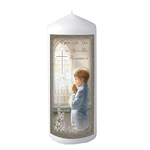 Pillar Candle First Holy Communion in Organza Bag Keepsake Gift 48 hrs Burn Time - Boy 5208, White, 6 cm