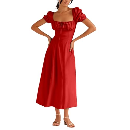 Ladies Summer French Style Split Solid Color Slim Comfortable Print Dress Womens Long Sleeve Dress Casual (Red-a, L)