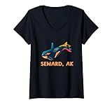 Mujer Orca Ballena Dibujos Animados Glitch Gráfico Seward Alaska Souvenir Camiseta Cuello V