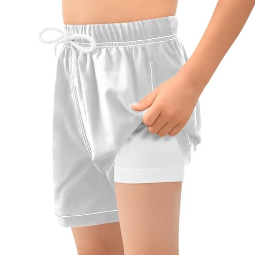 GuoChe Boy Swim Trunks Youth Quick Dry Elastic Basketball Shorts Lined White2