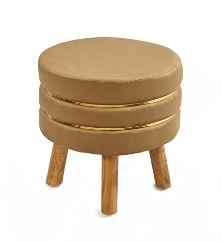 Image of NACIA Velvet Upholstered Ottoman Stool with Wooden Legs | Round Pouffe Footrest Seat for Living Room Bedroom Balcony | Compact Foot Stool for Sitting Home Decor Furniture, 18 Inch (Beige, Set of 1)