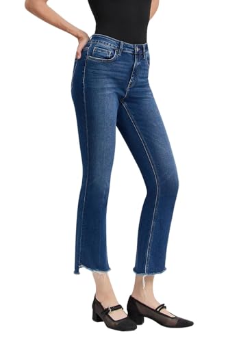 VERVET Women's High-Rise Raw Step Hem Cropped Kick Flare Jeans2