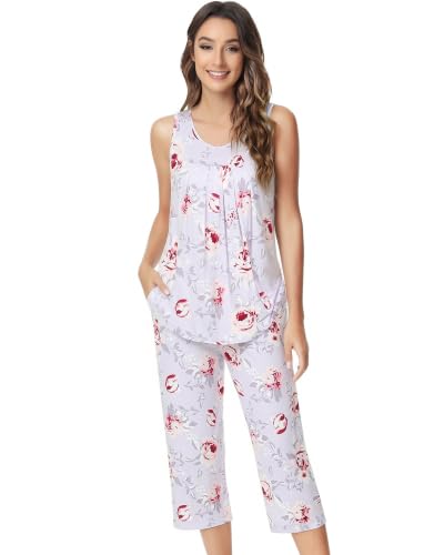 Image of NACHILA Pajamas for Women-Viscose Made from Bamboo, Sleeveless Pjs Tank Top Capri Pants Pajama Sets Cooling Sleepwear