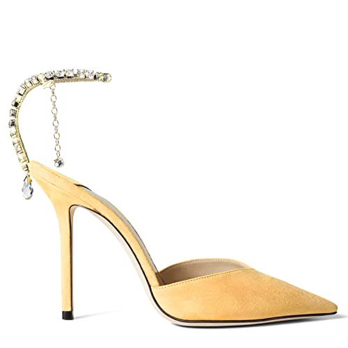 Image of LauraVicci Women's Heeled Sandals Crystal Chain Ankle Straps Rhinestones Buckle High Heels Stiletto Slip On Wedding Party Satin Dress Shoes