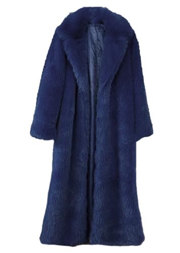 Vickstco Fluffy Navy Faux Fur Overcoat,Warm Outwear Parka Long Coat with Sleeves