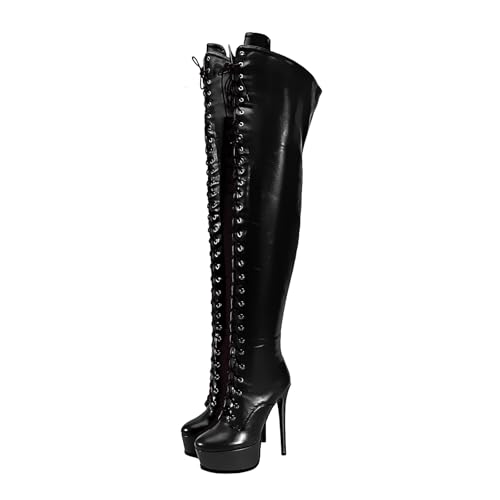 Image of Shiny leather Thigh high boots for Women Stiletto heel Platform Over the knee Round toe back zipper Sexy Front Strappy high heel Cosplay Custume unisex boots