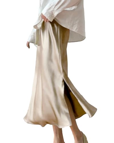 22 Momme Silk Midi Skirt High Waist Slit Charmeuse Mustard Green Elastic Waist