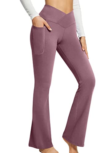 Laoara Women’s Flare Leggings Straight Leg Yoga Pants V Crossover Tummy Control Running Pants With Pockets Pink L #TOP14