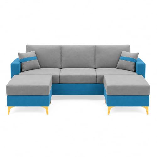 Image of Strike Dual Tone Plush 5 Seater L Shape Sofa Set with 2 Movable Ottomans | Flexible Layout | Silken Velvet Suede|Golden Metal Legs| for Living Room & Office Spaces (Aqua Blue & Dark Grey)