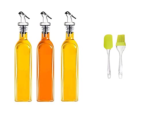 JG Glass Oil Dispenser Bottle for Kitchen ? Stainless Steel Leak-Proof Cork ? Transparent Oil Pourer and Holder 500 ml And Oil Brush (Combo Pack of 5)