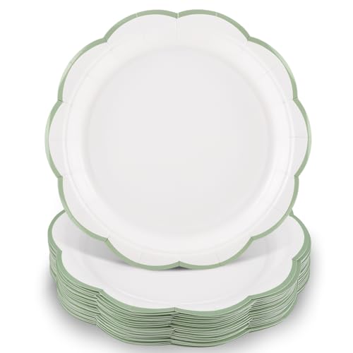 Image of NatNarr 30 Pcs Sage Green and White Paper Plates, 9 Inch White Plates with Sage Green Trim Scalloped Paper Plate Disposable for Baby Shower, Wedding, Bridal Shower, Birthday