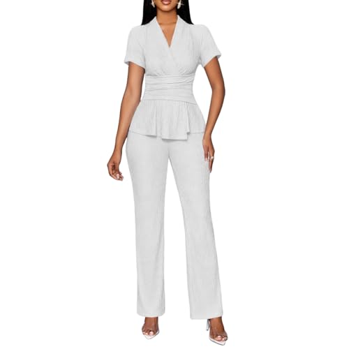 TOPSRANI Womens Bodycon Lounge Sets Two Piece Outfits Casual Sweatsuits Tracksuit V-Neck Short Sleeve Cute Pants Sets Solid White L