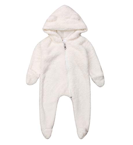 SAYOO Newborn Baby Boys Girls Cartoon Bear Ears Warm Fleece Hooded Romper Jumpsuit Winter Bodysuit Bath Robe Outfits (White, 0-6M)