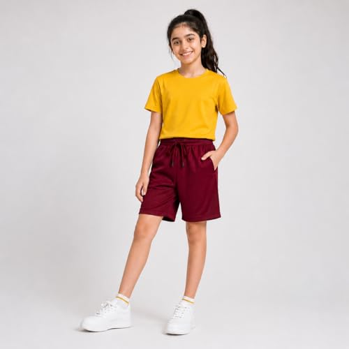 Image of RISH Kids Dri-Fit Sports Shorts for Boys & Girls | Breathable Polyester Activewear Shorts with Elasticated Waist, Drawstring & 2 Side Pockets | Solid Colours | Single and Multi Packs