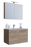  VCM 3-TLG. Waschplatz Set Waschtisch Waschbecken Keramik Sentas Spiegelschrank + 2 Drehtüren 60 cm, Sonoma-Eiche