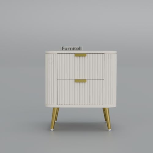 Image of Premium HDMR Wood Bedside Table with 1 Drawer & Open Storage Shelf, Fluted Nightstand with Golden Legs for Bedroom, Modern End Table, for Living Room, White Finish (18 x 14 x 18 Inch)