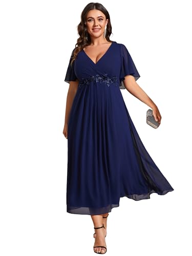 Ever-Pretty Women's V Neck Pleated Chiffon Applique Ruffles Sleeves Maxi Plus Size Formal Wedding Guest Dresses