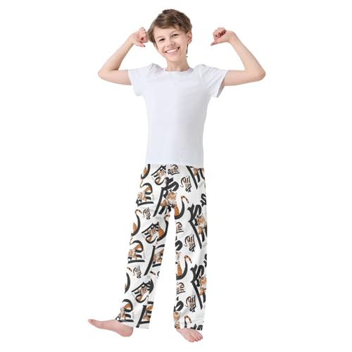 ZZXXB Chinese Tiger Print Boys Long Pants Soft Trousers Elastic Waist Kids Lounge Bottoms with Pockets S-XL2