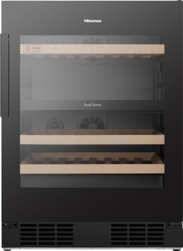 Hisense RW3N122GSLF Armoire à vin autonome EEK F/Capacité de 46 bouteilles/wifi/façade en verre anti-UV/DualZone/Multi Air Flow/Bois/Étagères à fermeture douce/HxlxP : 81,9 x 59,5 x 57,5