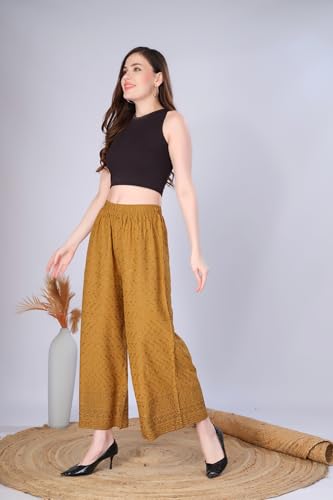 Image of VIVIKA Chikankari Palazzo Pants for Women |Rayon Wide Leg Ethnic Palazo with Embroidery | Comfortable Elastic Waist Women's Palazzo for Casual, Festive & Office Wear