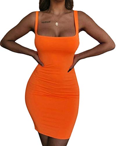 Minetom Damen Sommer Slim Kleid Neckholder Bodycon Partykleid Sommerkleid Cocktail Minikleid Freizeitkleid Spaghetti Strap Stretchy Kleider Orange XS