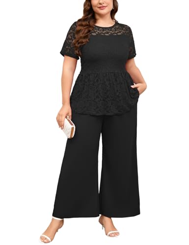 ZOMVA 1X-4X Plus Size Mother of Bride Groom Pant Suits Elegant Lace Short Sleeve Pantsuits 2 Piece Sets Formal Wedding Guest - Main Image