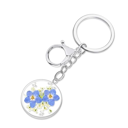 Pressed Flower Keychain, Keychains for Women,Handmade Forget-Me-Not and Queen Anne's Lace Wildflower Keychain,Personalized Cute Keychain,Charm Keychain Presents for Her-Alaska State Flower Keychain
