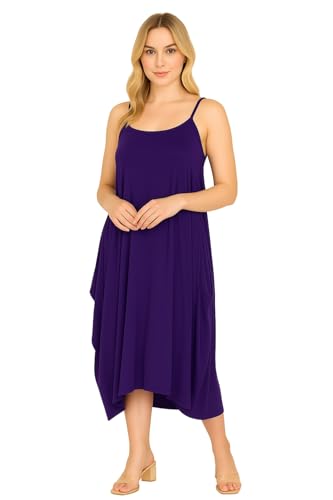 STAR FASHION Women's Cami Midi Dress Italian Lagenlook Parachute Tunic Dress Sleeveless Plain Scoop Neck Strappy Summer Dresses Ladies Loose Fit Casual Party Wear Purple 20-22