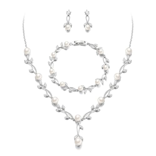 Image of EVER FAITH Cubic Zirconia Pearl Leaf Bridal Jewelry Set for Bride Women