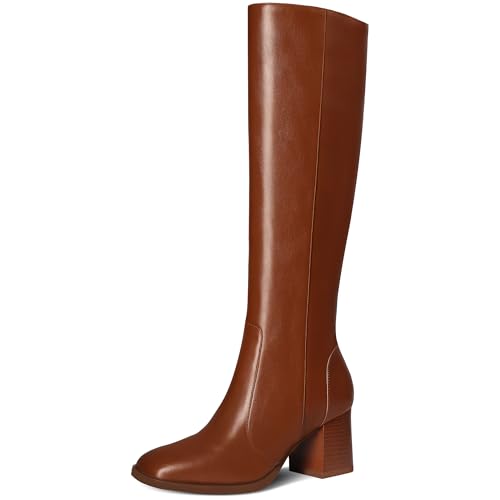 MUCCCUTE Brown Knee High Boots Women Square Toe Chunky Block