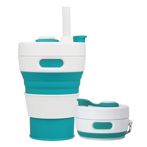 UNNESTAR Collapsible Camping Cup with Straw Silicone Folding Coffee Cup Sport Bottle Portable Travel Outdoor Car 16oz 20oz (Green)