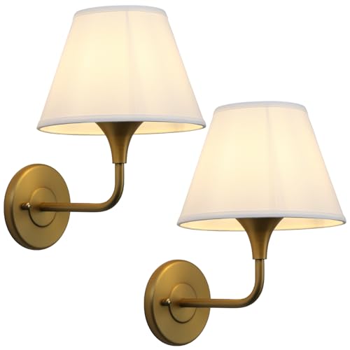 Image of PERMO Wall Sconces Set of 2 Traditional Gold Sconce with 6.3 inch High Linen Lampshade Hardwired Set of Two Wall Light for Living Room Bedroom Hallway Bathroom Stairs Kitchen