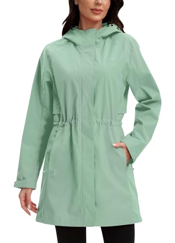 ATLASLAVA Regenmantel Damen Regenjacke wasserdicht Lang mit Kapuze Gefütterte Mantel Windbreaker Leicht Outdoor Jacke Graugrün M