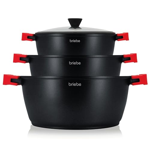 briebe Black Titanium Batería Cocina Inducción 6 Piezas Antiadherente Titanio, Juego 3 Ollas Aluminio Fundido sin PFOA, Set Cazuelas Tapas Cristal, Asas Silicona Extraíbles, Vitrocerámica, Gas, Horno