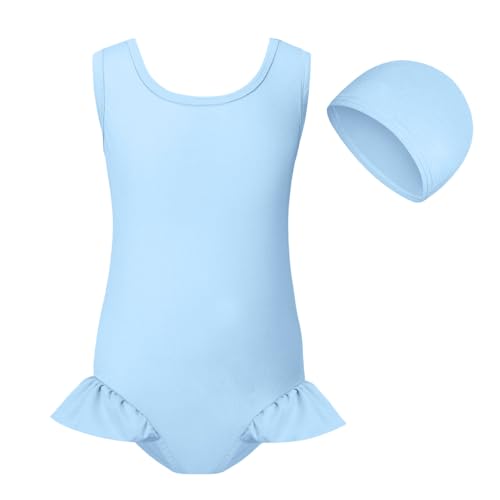 Traje de baño de una pieza para niñas de una pieza traje de baño de tela suave de secado rápido cómodo y elástico para niña playa y vacaciones, Azul Ciel-a, 3-4 Años
