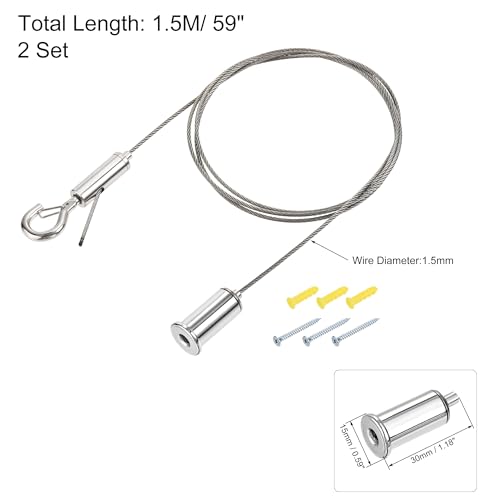 Image of uxcell Picture Hanging Wire Hooks Kit, 2Set 1.5M Adjustable Hanger Wire for Home Art Gallery Picture Display Kit, Load 33 Lbs, with 6Set Screws