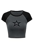 Verdusa Women's Casual Short Sleeve Crewneck Star Print Colorblock T-Shirt Crop Tee Tops Grey S