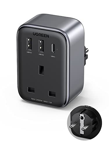 UGREEN UK to European Plug Adapter Travel Adapter with USB C PD 30W GaN Fast 4-in-1 Travel Plugs UK to EU for Germany France Spain Iceland Greece Poland Portugal Austria Netherlands Turkey