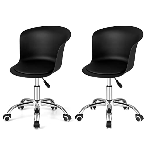 Giantex Home Office Desk Chair Set Of 2, Armless Plastic Swivel Rolling Task Chair W/Soft Pu Leather Cushion & Universal Casters, Modern Computer Chair For Dorm Bedroom Living Room, Black #TOP28