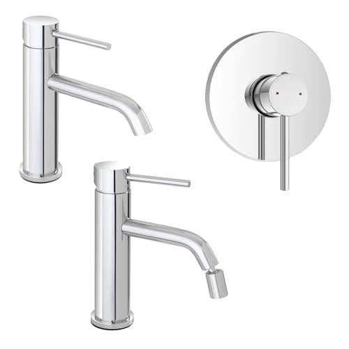 Coppia rubinetto lavabo bidet e doccia in acciaio inox cromato, scarico universale click clack e corpo incasso incluso, NUEGO