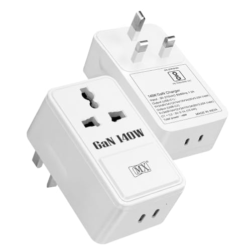 Image of MX 140W Universal Travel Adapter UK Plug with Dual USB-C PD Ports, GaN Fast Charger, International Plug Adapter with Universal AC Socket for Laptop, MacBook, iPhone, iPad, Tablet - White