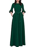AOOKSMERY Women Elegance Audrey Hepburn Style Round Neck 3/4 Puff Sleeve Swing Maxi Dress Long Belt Dresses with Pockets (Olive, Large)