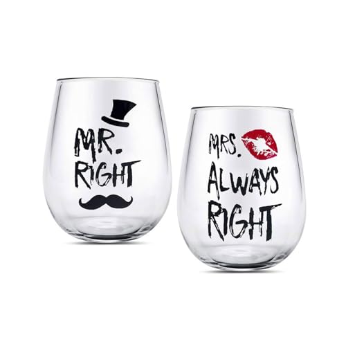 Mr Right Bicchieri da coppia di vino 14 once Calice da vino in cristallo senza stelo Set di tazze, Tazza da matrimonio per gli sposi per coppia Anniversario, Fidanzamento, Natale San Valentino