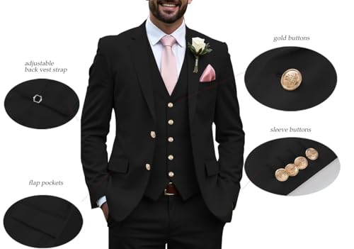 Mens 3 Piece Suit Slim Fit Wedding Grooms Suits for Men Two Gold-Button Single Breasted Blazer Vest Pants Set2