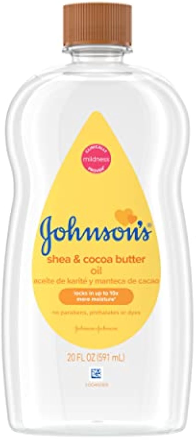 Johnson's Baby Oil, Mineral Oil Enriched with Shea & Cocoa Butter to Prevent Moisture Loss, Hypoallergenic, 20 fl. oz