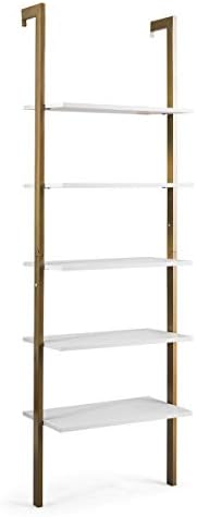 Tangkula 5-Shelf Bookcase, Modern 5-Tier Wood Wall Mounted Ladder Bookshelf with Metal Frame, 72 Inches Tall Industrial Open Ladder Shelf Display Rack Storage Shelves for Home Office (Bronze, 1)