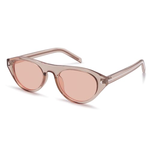 GIGIMOTTE Retro Cat Eye Sunglasses for Women Men Trendy Small Oval Cateye Shades Vintage Narrow Style UV400 Sun Glasses Champagne Frame/Pink Lens