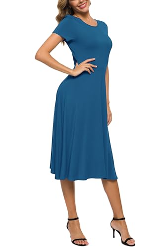 Image of EXCHIC Women's Casual Round Neck Short Sleeve Midi Dress Solid Stretchy Waist Knee Long Dress