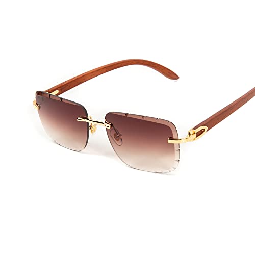 Street Knitted Men Women Rimless Gold Frame Stylish Burgundy Tinted Gem Cut Lens Woodgrain Shades 90s Rectangle Cool Frameless Retro Trendy Hip Hop Old School Unisex Square Sunglasses3