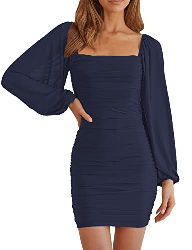 Image of MEROKEETY Women Square Neck Lantern Long Sleeve Mesh Ruched Bodycon Clubwear Mini Dress